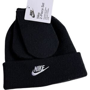 Nike Toddler Logo Boy Two Piece Cold Weather Winter Black & White Hat & Mittens